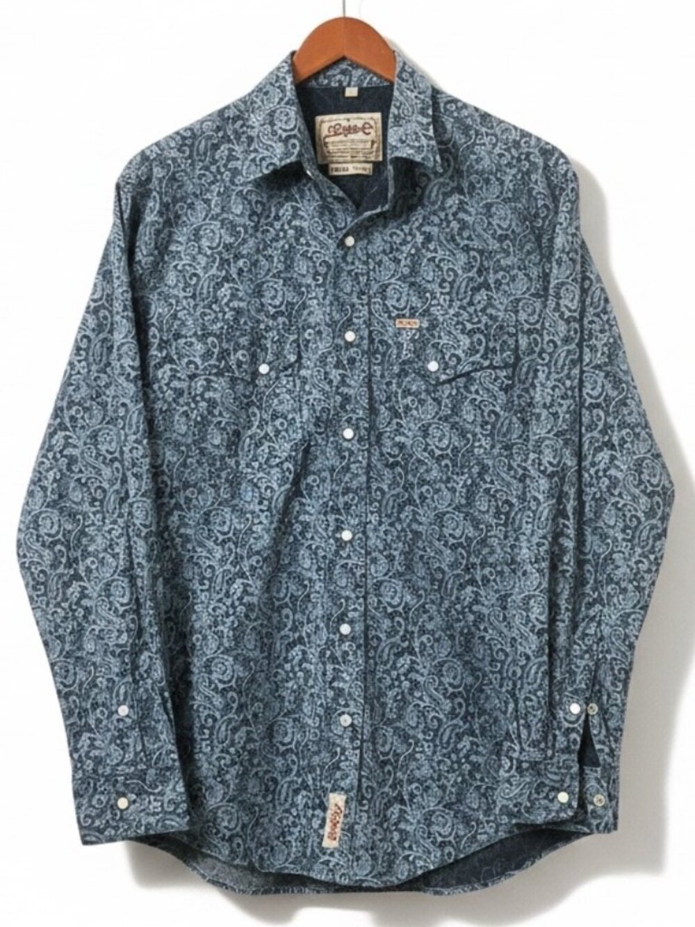 Rafter C Cowboy Collection Mens M/L Western Snap Shirt Blue Paisley Stretch